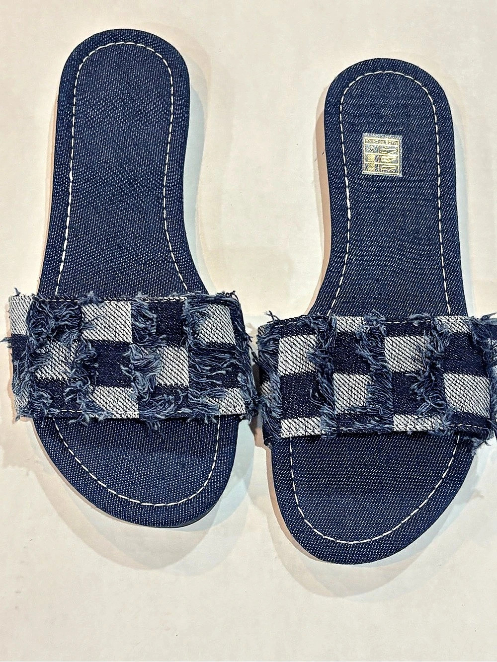 Blue Checkered Denim Slide Sandals